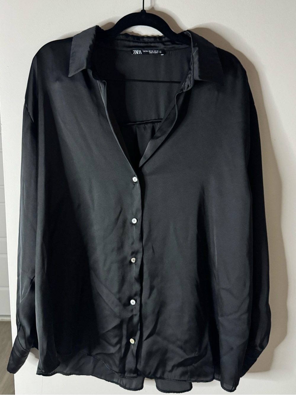 Zara Black Satin Button Down Blouse Long Sleeve Collared Silky Shirt | L - Picture 8 of 9